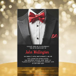 Convite Evento de aniversário do Tuxedo preto e vermelho<br><div class="desc">Comemore em estilo com este Convite de Aniversário de Tuxedo Negro e Vermelho, exuando elegância e sofisticação. Os elegantes antecedentes negros e os sotaques deram o tom para um caso luxuoso, perfeito para uma celebração de marco. Com seu refinado design, inspirado em tuxedo, esse convite capta a essência de uma...</div>
