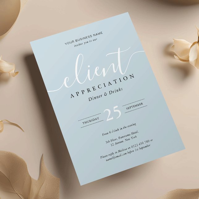 Convite Evento de Apreciação do Cliente do Funcionarios Ch (Business appreciation event invitations in dusty blue and white with fully editable text and colors)