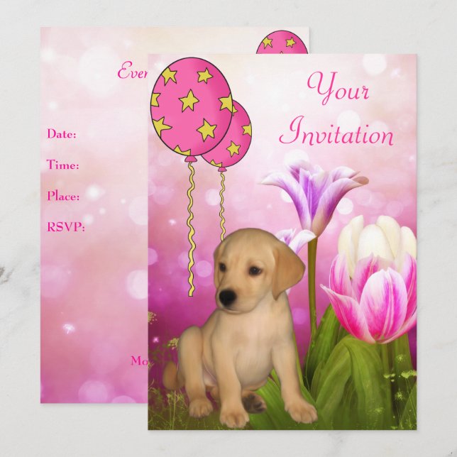Convite Evento de Balões e Cachorrinho Labrador Blossoms (Frente/Verso)