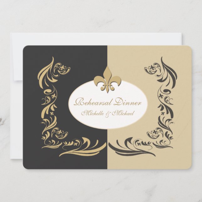 Convite Evento de Casamento Dourado de Areia e Fleur de Li (Frente)
