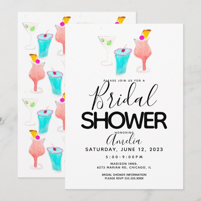 Convite Evento de Chá de Noiva Pintado com Tinta Cocktail  (Frente/Verso)
