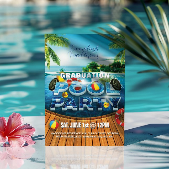 Convite Evento de Festa de Piscina de Graduação Tropical (Criador carregado)