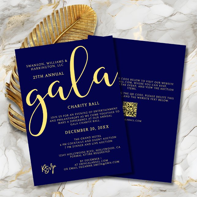 Convite Evento de Gala de Caridade Elegante Azul Ouro (Gala Event Charity Fundraiser Elegant Blue and Gold Invitation with Bold Script Gala for Gala Ball.)