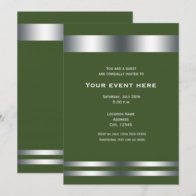 Convite Evento de jantar elegante verde e prata (Frente/Verso)