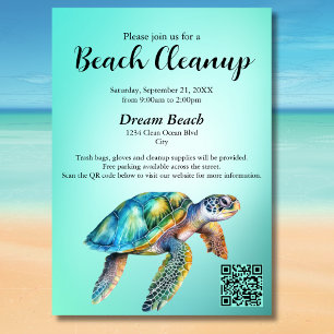 Convite Evento de Limpeza de Praia com Código QR Tartaruga