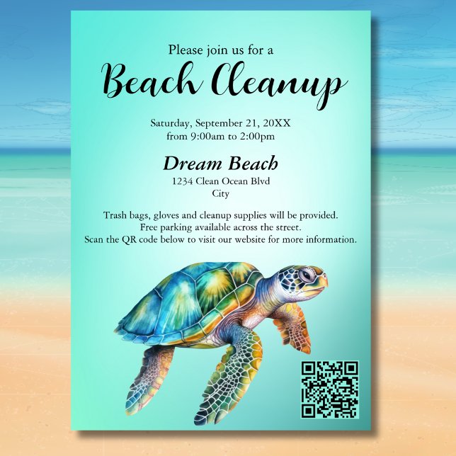 Convite Evento de Limpeza de Praia com Código QR Tartaruga (Criador carregado)