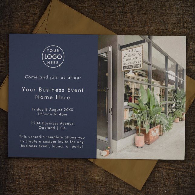 Convite Evento de negócios | Marinho Azul Moderno Profissi (Stylish navy blue photo business event invitation by Guava - sleek, modern, and customizable)