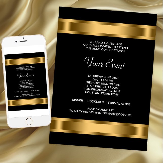 Convite Evento de Partido Corporativo Negro Dourado Preto (Black and gold corporate event invitation with beautiful gold bands. For Instant download and print.)