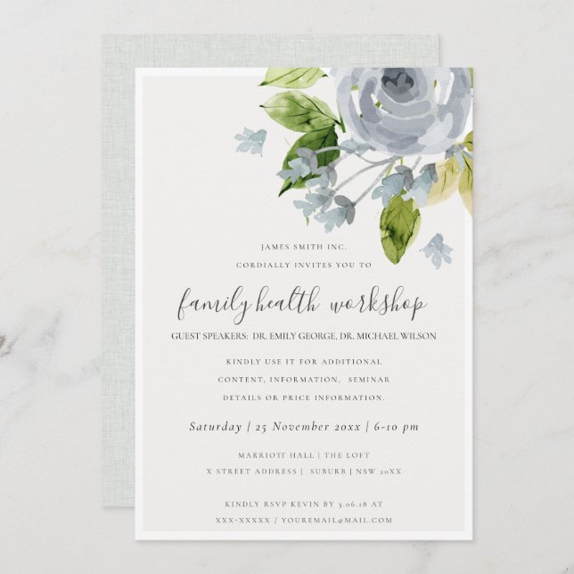 CONVITE EVENTO DE WORKSHOP FLORORAL AQUA AZUL AQUA (Frente/Verso)