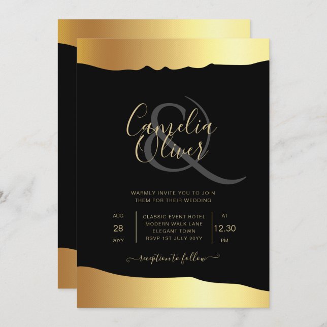 Convite Evento Elegante de Espelho Ouro de Casamento Preto (Frente/Verso)