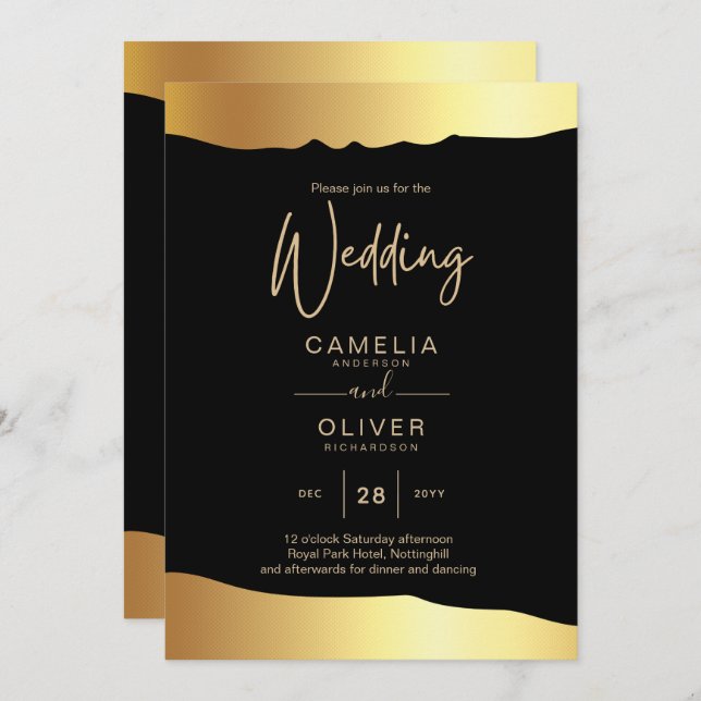 Convite Evento Elegante de Espelho Ouro de Casamento Preto (Frente/Verso)
