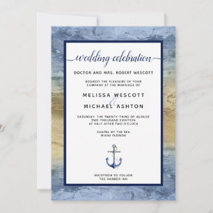 Convite Evento Náutico Azul e Dourado Casamento / Flórida