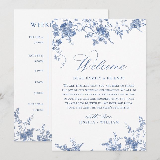 Convite Eventos de Fim de Semana de Casamento Floral Azul  (Frente/Verso)