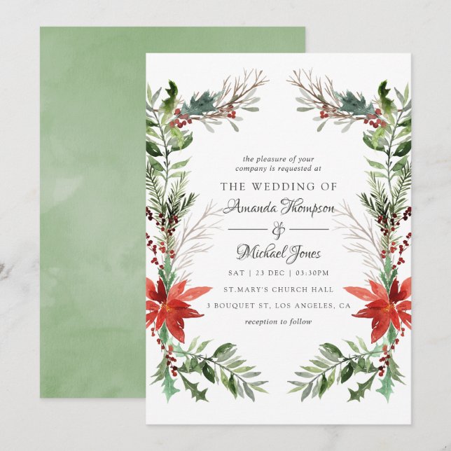 Convite Evergreen - Casamento de Natal no Bosque Invernal (Frente/Verso)