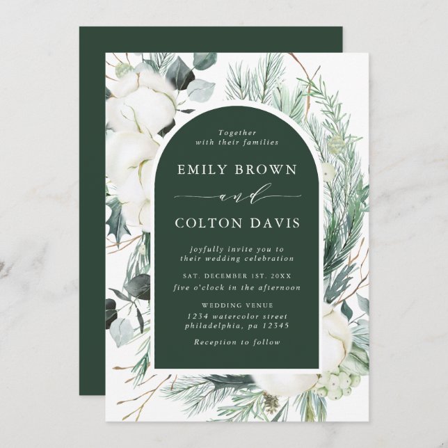 Convite Evergreen & Cotton Flowers Elegante Green (Frente/Verso)