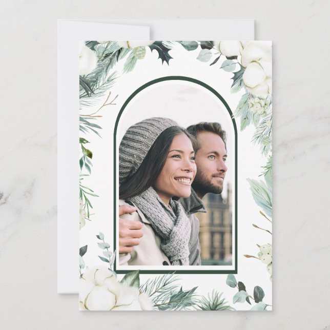 Convite Evergreen & Cotton Flowers Foto De Casamento Elega (Verso)