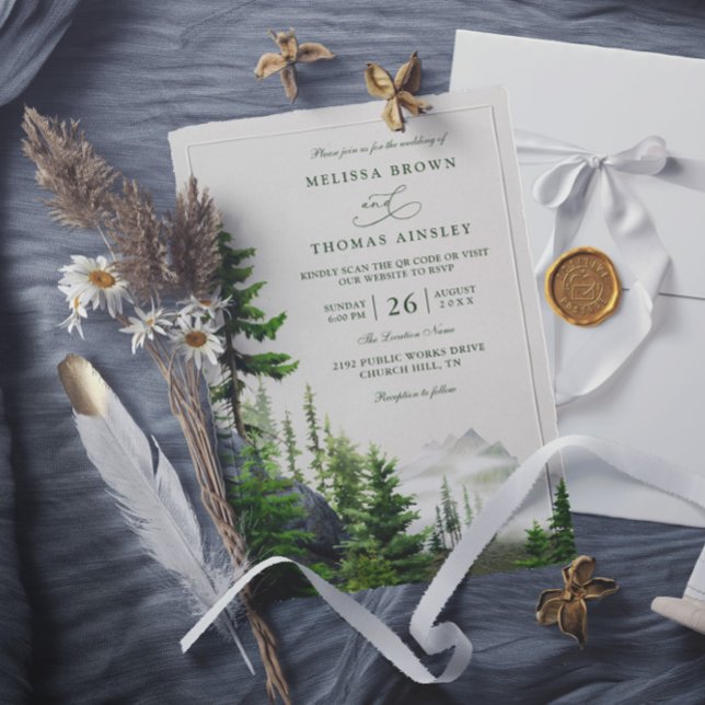 Convite Evergreen Forest Rustic Mountain QR Code Wedding (Criador carregado)