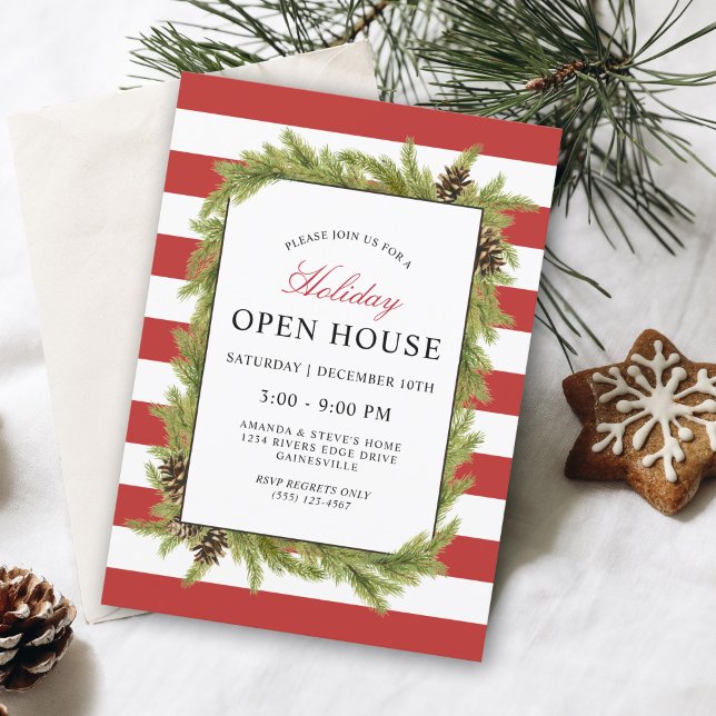 Convite Evergreens e Stripes Holiday Casa Aberta (A festive holiday open house invitation in red and white stripes with evergreens.)