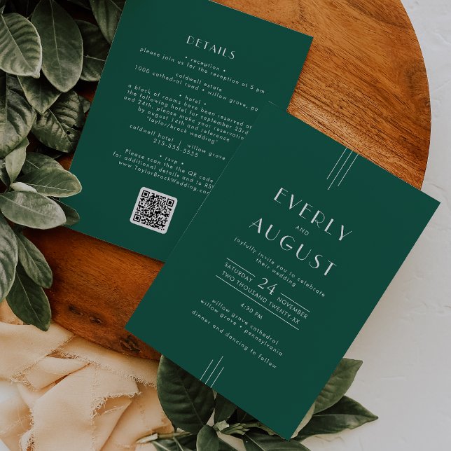 Convite EVERLY Art Deco Emerald Green QR Code Wedding (EVERLY Art Deco Emerald Green QR Code Wedding Invitation)