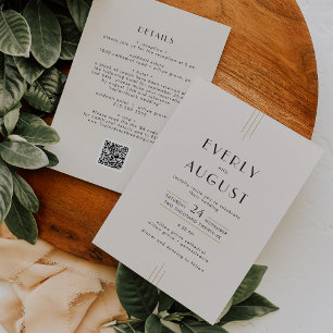 Convite EVERLY Art Deco Ivory Dourado Código QR Casamento