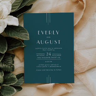 Convite EVERLY Arte Deco Simples Retrô Pavão Casamento Azu