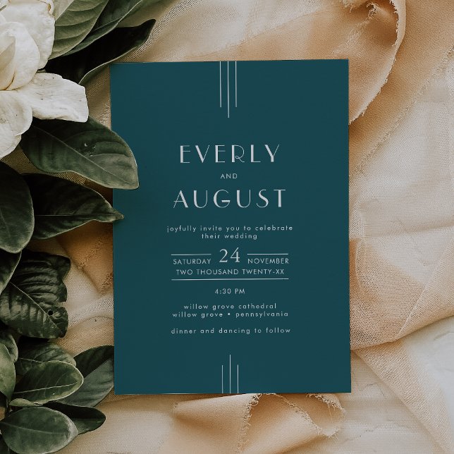 Convite EVERLY Arte Deco Simples Retrô Pavão Casamento Azu (EVERLY Simple Retro Art Deco Peacock Teal Wedding Invitation)