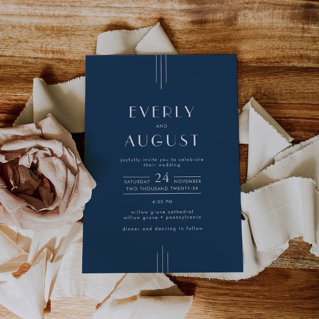 Convite EVERLY Classic Modern Art Deco Navy Blue Wedding (EVERLY Classic Modern Art Deco Navy Blue Wedding Invitation)