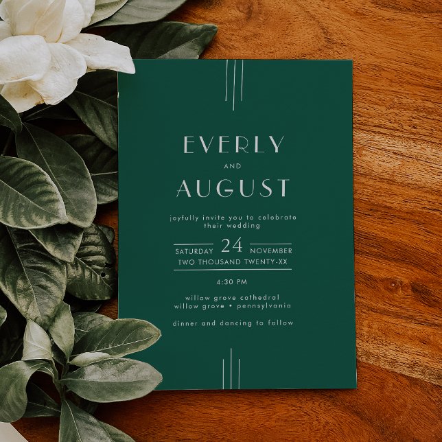 Convite EVERLY Jewel Tone Art Deco Emerald Green Wedding (EVERLY Jewel Tone Art Deco Emerald Green Wedding Invitation)
