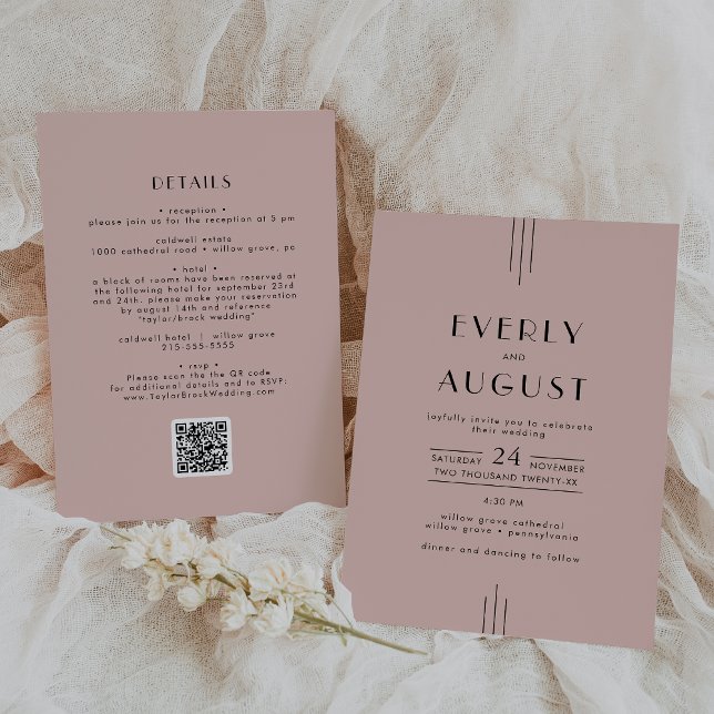 Convite EVERLY Retro Art Deco Blush Pink Código QR Casamen (EVERLY Retro Art Deco Blush Pink QR Code Wedding Invitation)