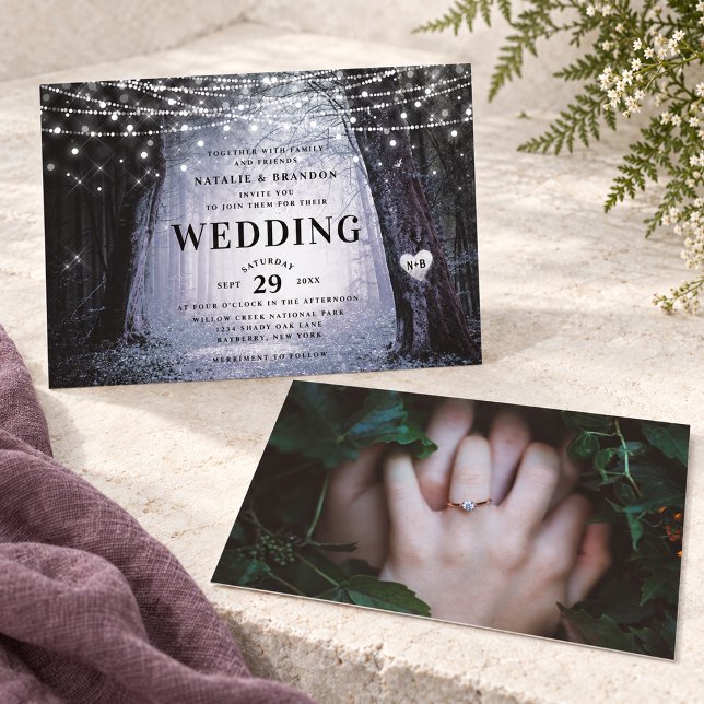 Convite Evermore | Floresta Encantada de Fadas | Casamento (Purple Evermore enchanted forest wedding invitation with personalized woodland artwork, styled for a romantic wedding. Styling props are not included.)