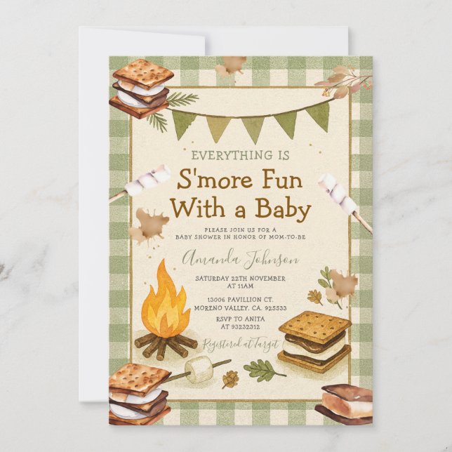 Convite Everything S'more Fun Green Baby Shower Gingham (Frente)
