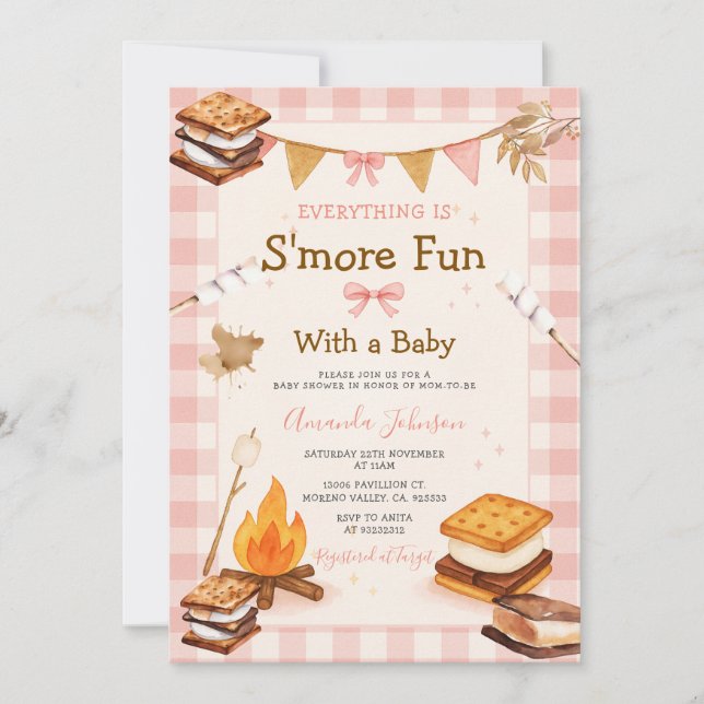 Convite Everything S'more Fun Pink Baby Shower Gingham (Frente)