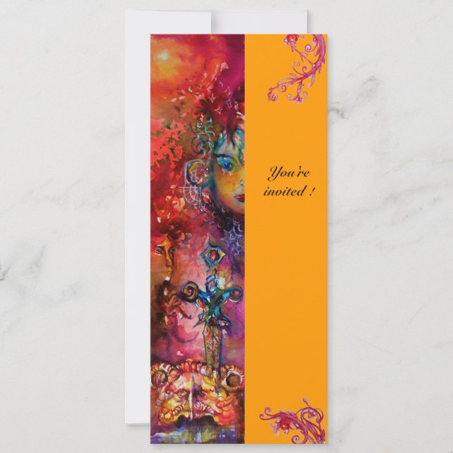 Convite EXCALIBUR , vermelho brilhante , rosa azul amarelo (Frente)