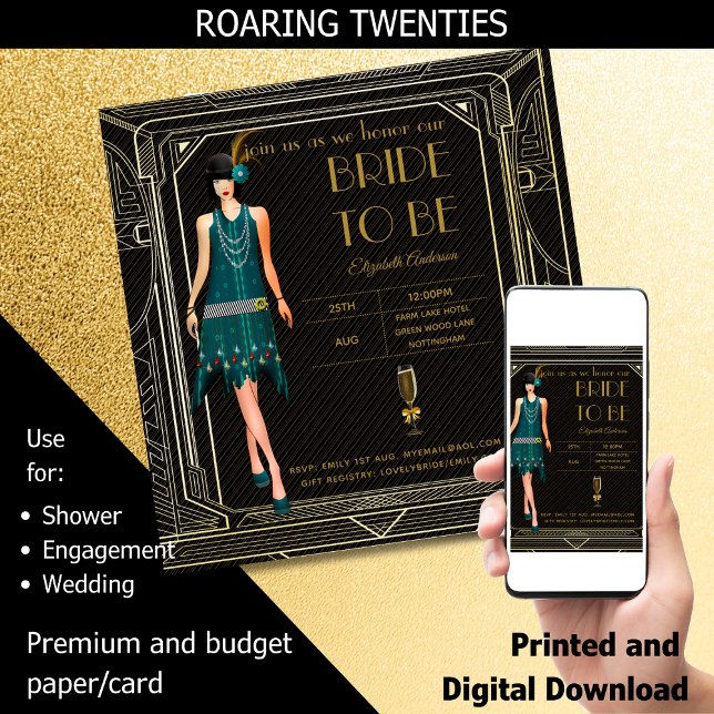 Convite Excelente Art Deco Gatsby Roaring 20 Chá de panela (Criador carregado)