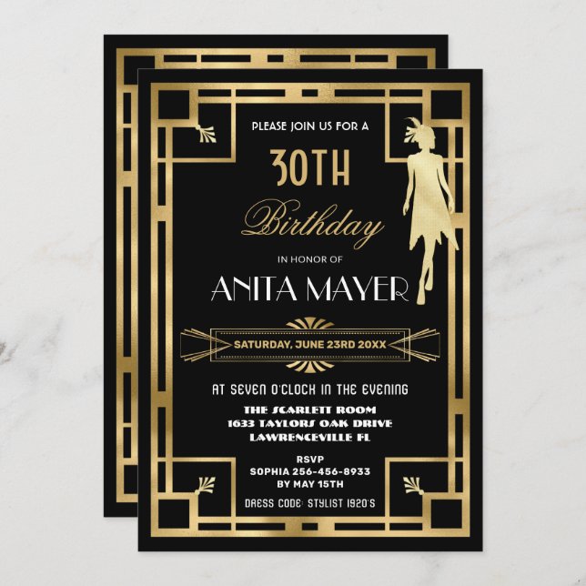 Convite Excelente Art Deco Gatsby Roaring 20s Aniversário  (Frente/Verso)