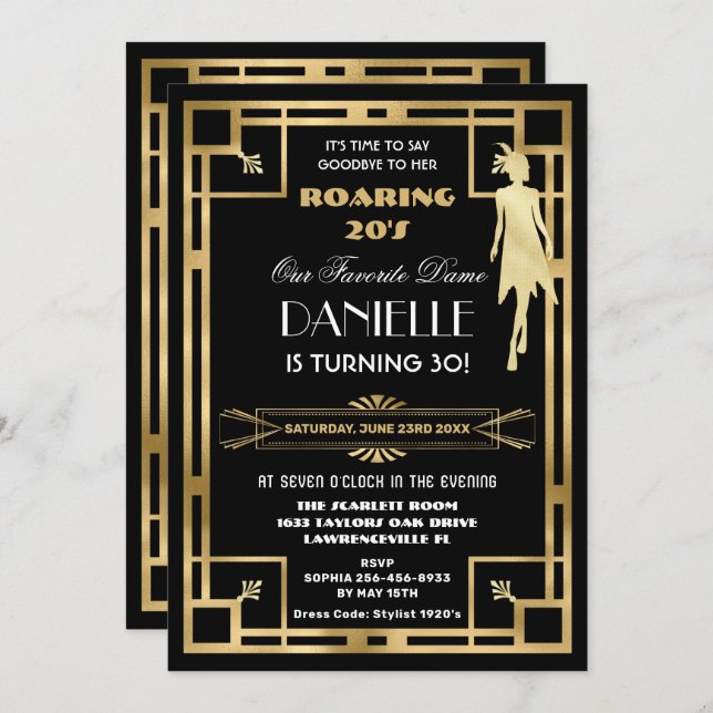 Convite Excelente Art Deco Gatsby Roaring 20s aniversário  (Frente/Verso)