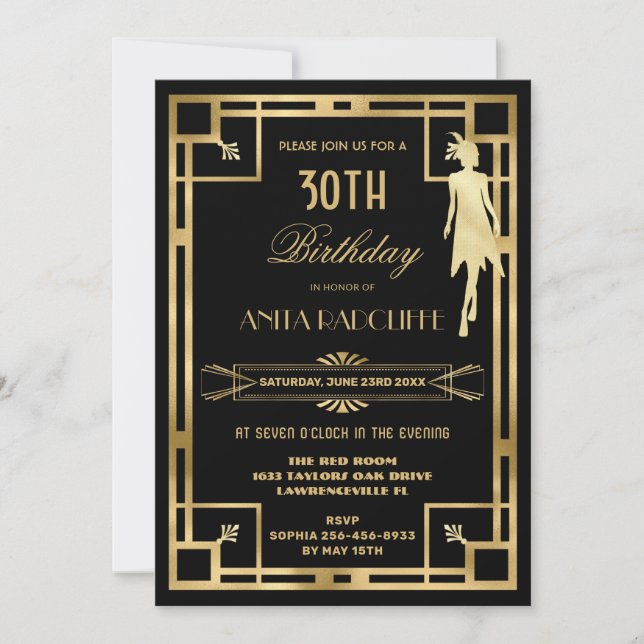 Convite Excelente Art Deco Gatsby Roaring 20s Aniversário  (Frente)