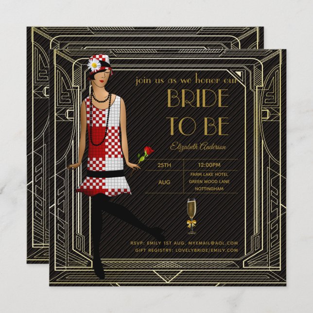 Convite Excelente Art Deco Gatsby Roaring 20s Chá de panel (Frente/Verso)