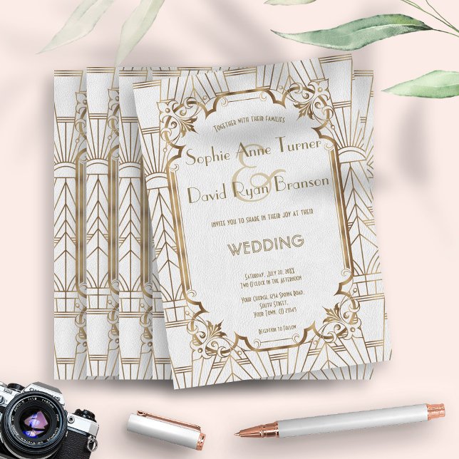 Convite Excelente branco Gatsby Art Deco 1920 Casamento (trendy great Gatsby wedding invitation, Art Deco wedding invitation, white gold Art Deco wedding )