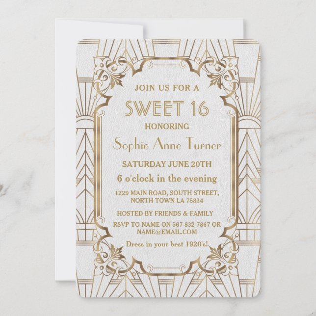 Convite Excelente branco Gatsby Art Deco Sweet 16 Invite (Frente)