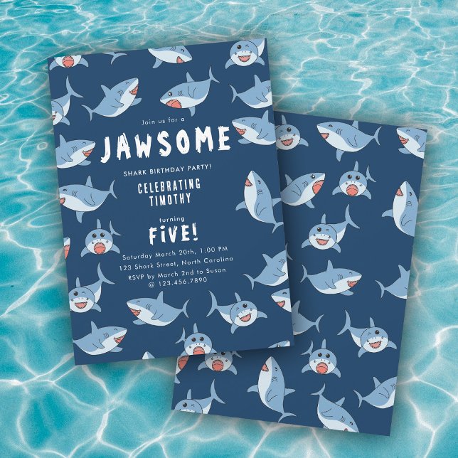 Convite Excelente-branco-tubarão-branco-Festa de aniversár (Cute Great White Sharks Ocean Birthday Party Invitation)