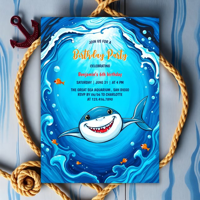 Convite Excelente de Crianças do Oceano Azul Festa de aniv (Blue Ocean Kids Great White Shark Birthday Party Invitation)