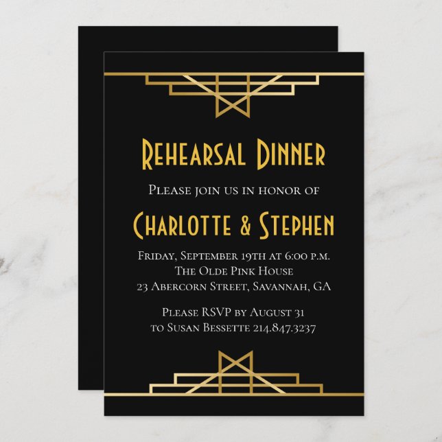 Convite Excelente Deco de Arte Retro Gatsby Casamento Dour (Frente/Verso)