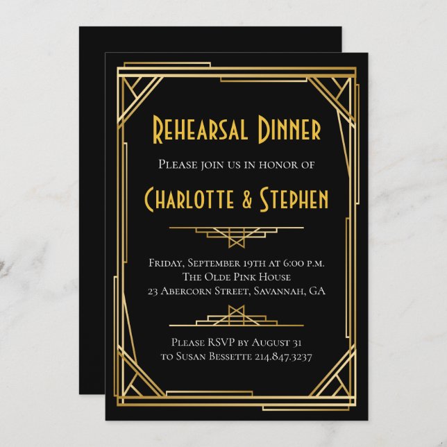 Convite Excelente Deco de Arte Retro Gatsby Casamento Dour (Frente/Verso)