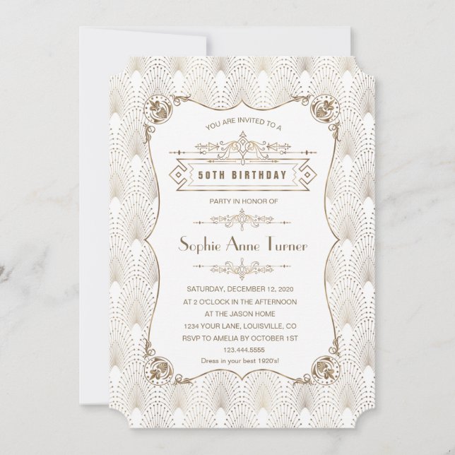 Convite Excelente Dourado Fleur-de-lis Gatsby 20s 50º Aniv (Frente)