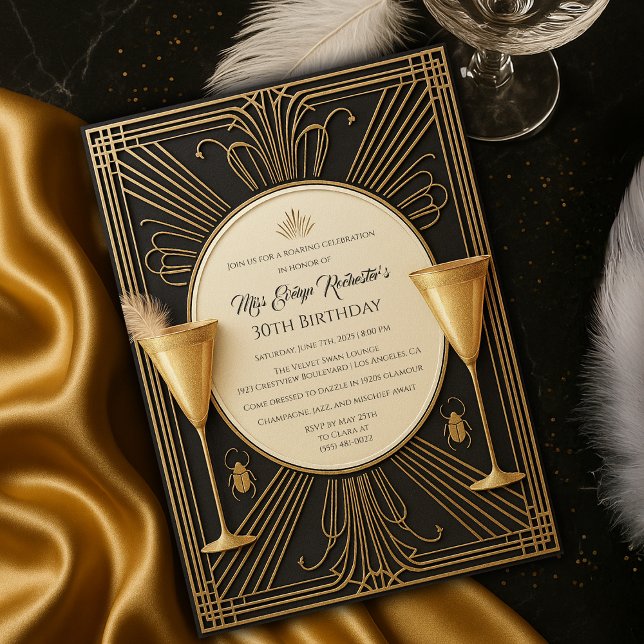 Convite Excelente Dourado Negro Gatsby Milestone Aniversár (Black Gold Great Gatsby Milestone Birthday Invitation
)