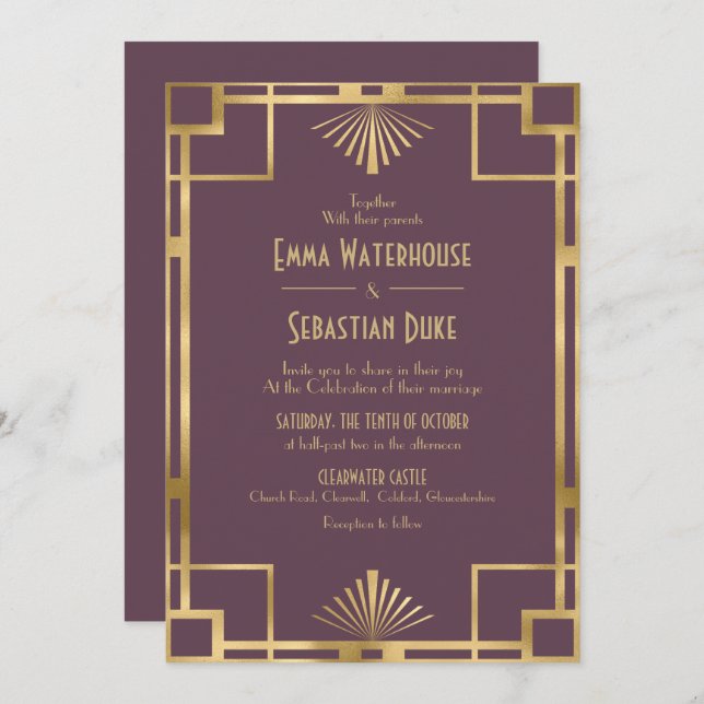 Convite Excelente elegante Gatsby Art Deco Casamento Invit (Frente/Verso)