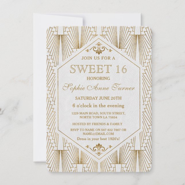 Convite Excelente Gatsby Art Deco Dourado White Sweet 16 I (Frente)