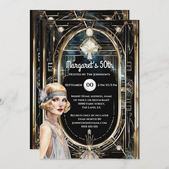 Convite excelente Gatsby Black Gold flapper de 1920 (Frente/Verso)