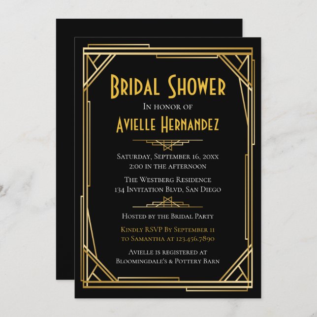 Convite Excelente Gatsby Chá de panela Dourado e Casamento (Frente/Verso)